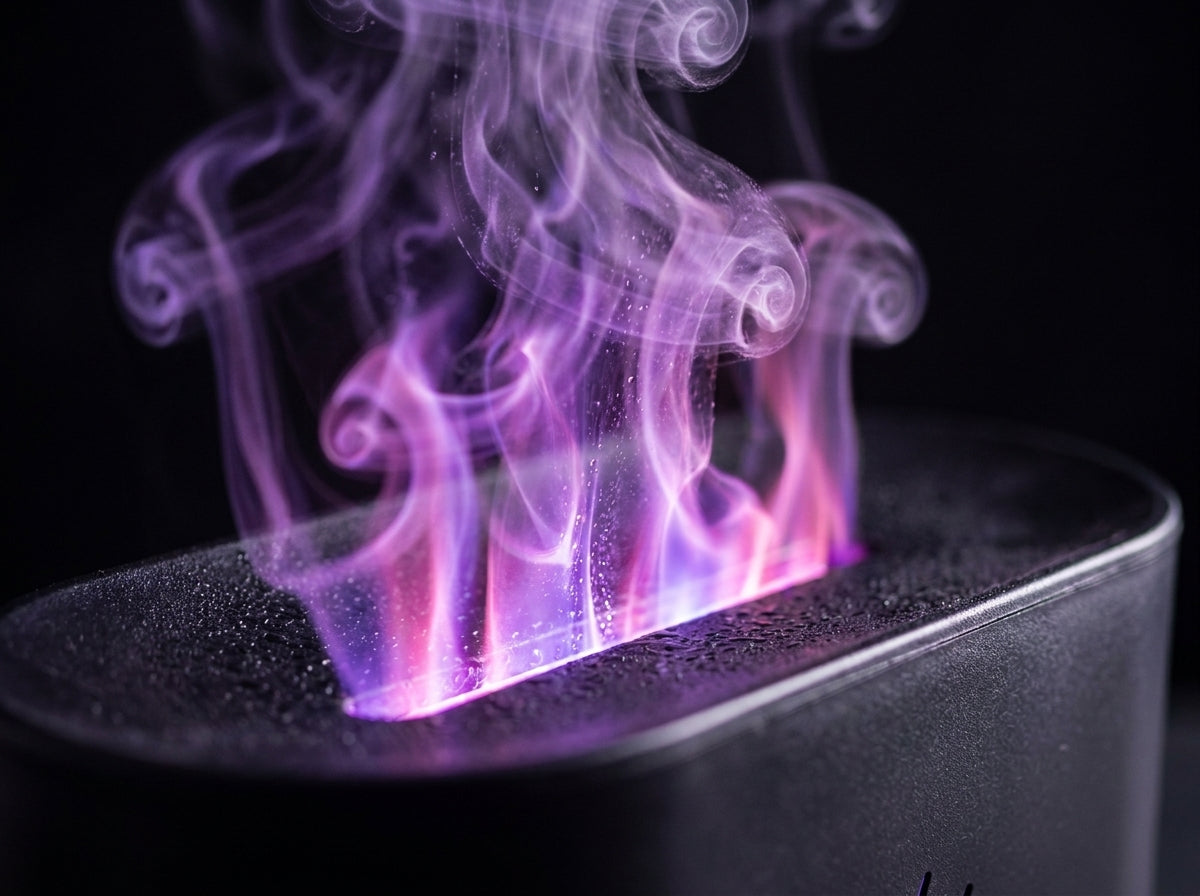 Difusor aromático Kasa Nova en negro, primer plano de niebla violeta