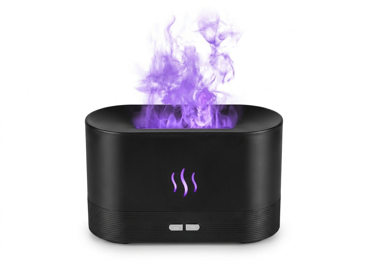 Difusor aromático Kasa Nova en negro con llama violeta sobre fondo blanco