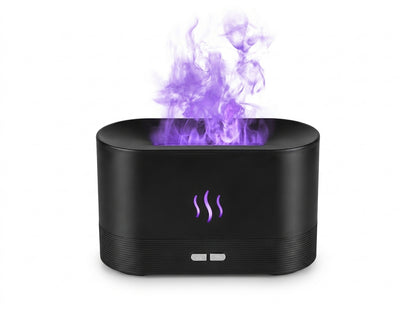Difusor aromático Kasa Nova en negro con llama violeta sobre fondo blanco