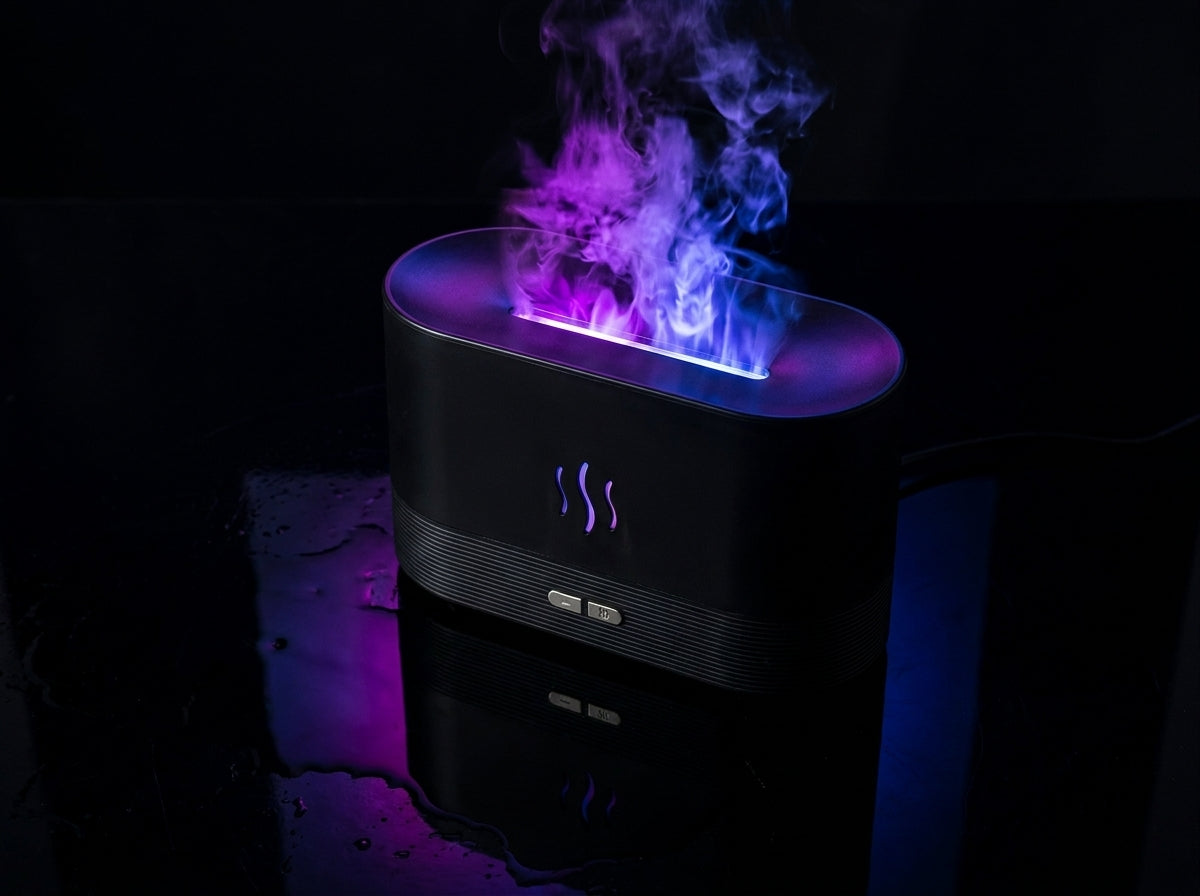 Difusor aromático Kasa Nova en negro con efecto llama violeta