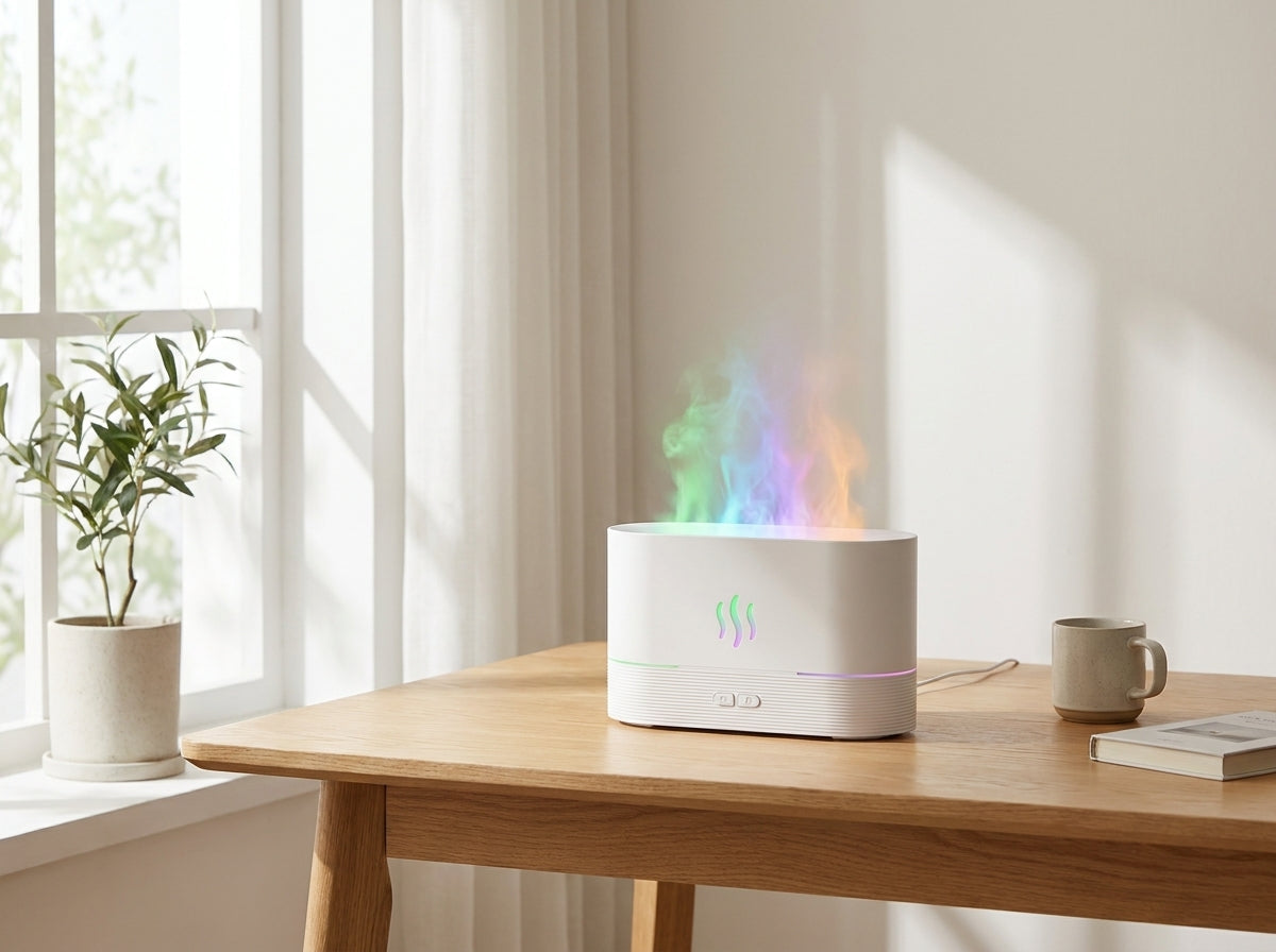 Difusor aromático Kasa Nova en blanco, ambiente luminoso con llama arcoíris