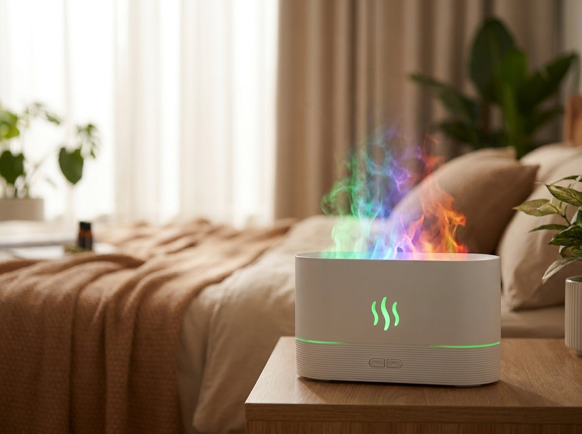 Difusor aromático Kasa Nova en blanco sobre mesilla de noche